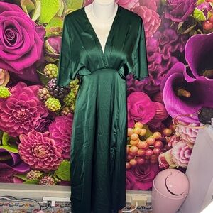 Emerald Green Satin V-Neck Maxi Dress